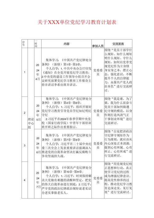 关于XXX单位党纪学习教育计划表.docx