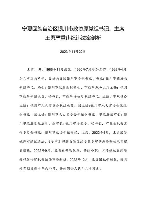 党纪学习教育∣案例剖析：宁夏回族自治区银川市政协原党组书记、主席王勇严重违纪违法案剖析.docx
