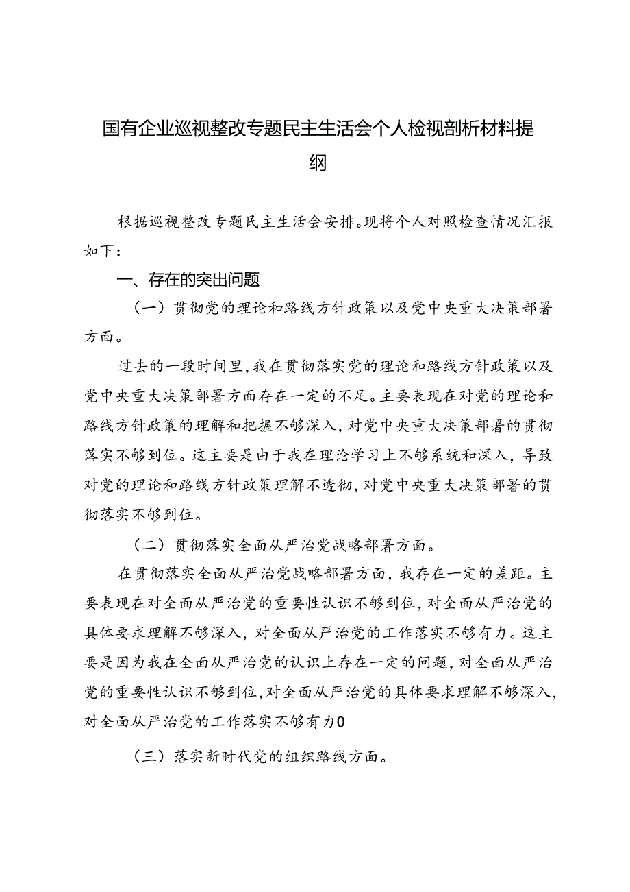 2024年国有企业巡视整改专题民主生活会个人检视剖析材料提纲.docx_第1页