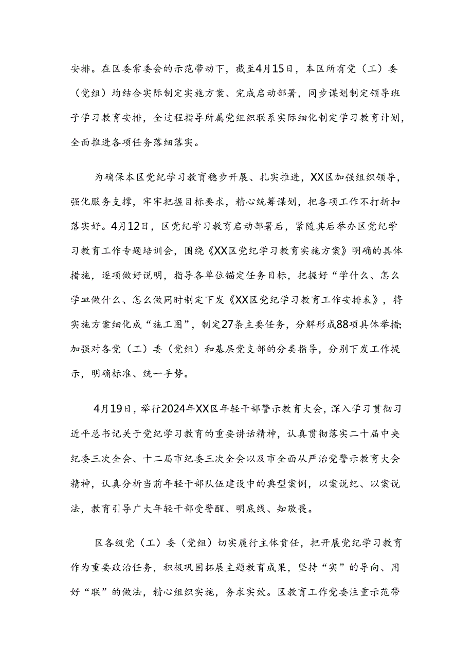 （8篇）关于2024年党纪学习教育工作汇报含自查报告.docx_第2页