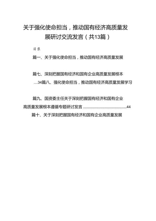 关于强化使命担当推动国有经济高质量发展研讨交流发言13篇（精选版）.docx