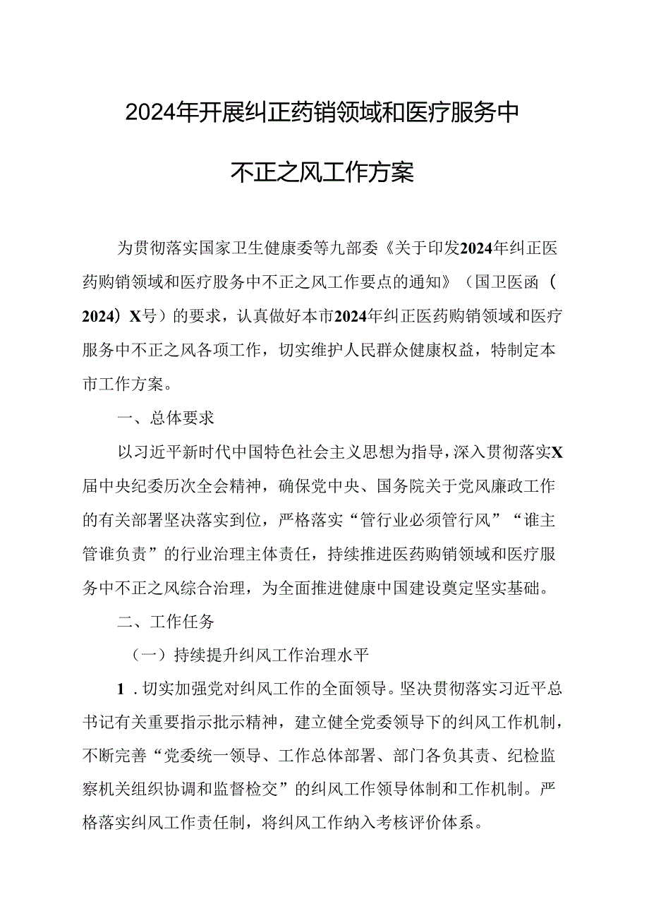 2024年医院开展纠正药销领域和医疗服务中不正之风工作实施方案汇编6份.docx_第1页