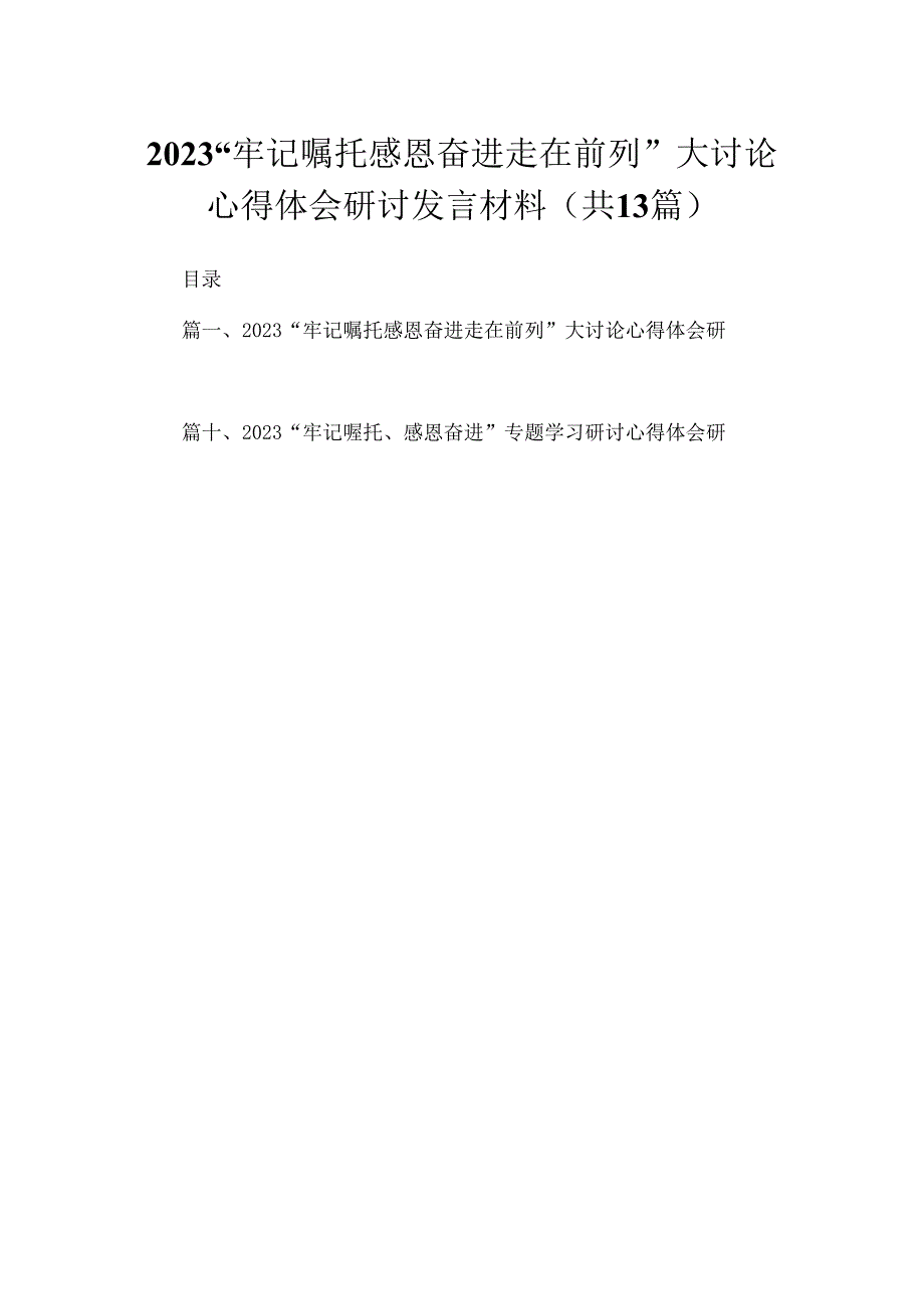 “牢记嘱托感恩奋进走在前列”大讨论心得体会研讨发言材料【13篇精选】供参考.docx_第1页