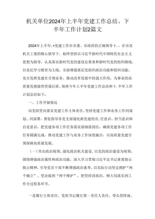 机关单位2024年上半年党建工作总结、下半年工作计划2篇文.docx