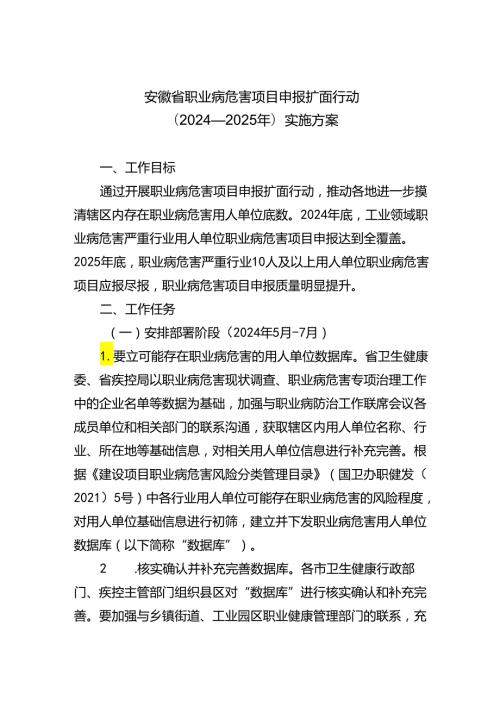 安徽省职业病危害项目申报扩面行动（2024—2025年）实施方案.docx
