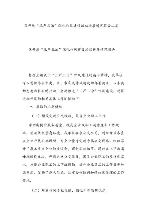 区开展“三严三治”深化作风建设活动进展情况报告二篇.docx