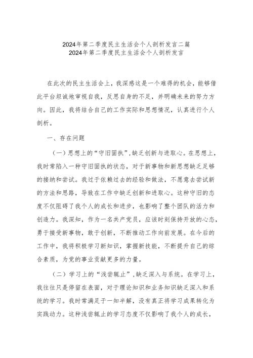 2024年第二季度民主生活会个人剖析发言二篇.docx