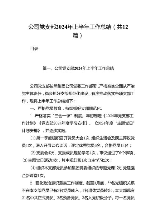 公司党支部2024年上半年工作总结12篇（精选）.docx
