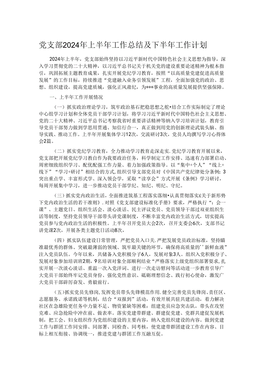 党支部2024年上半年工作总结及下半年工作计划(1).docx_第1页