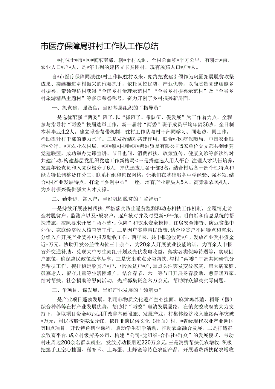 市医疗保障局驻村工作队工作总结.docx_第1页
