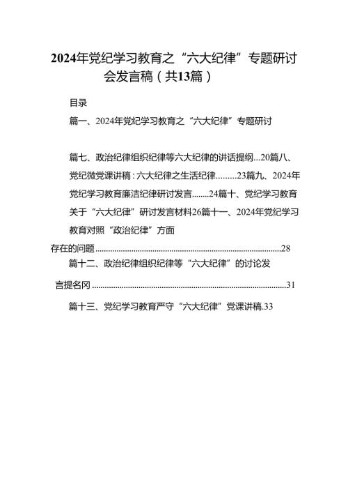 2024年党纪学习教育之“六大纪律”专题研讨会发言稿13篇（最新版）.docx