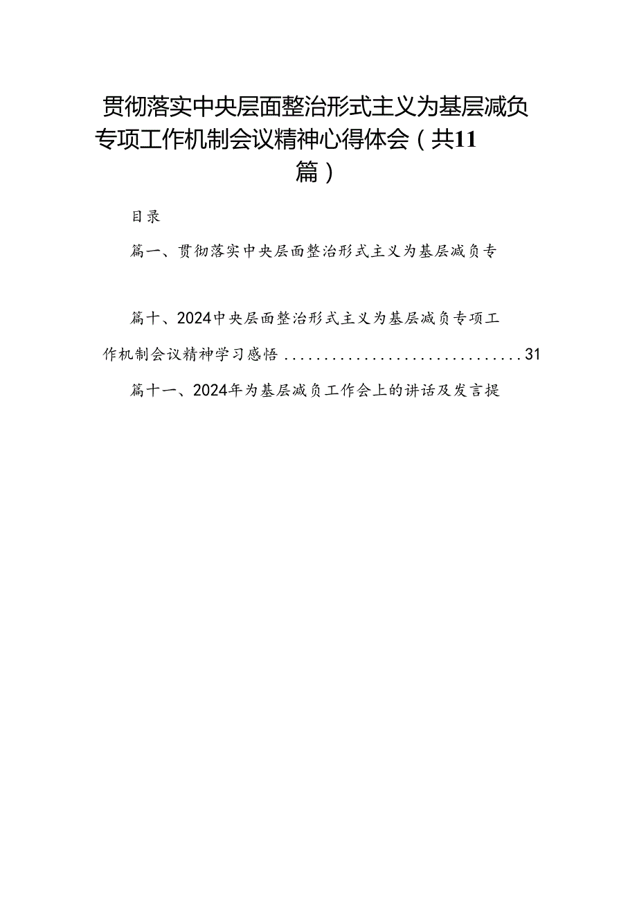贯彻落实中央层面整治形式主义为基层减负专项工作机制会议精神心得体会11篇（详细版）.docx_第1页