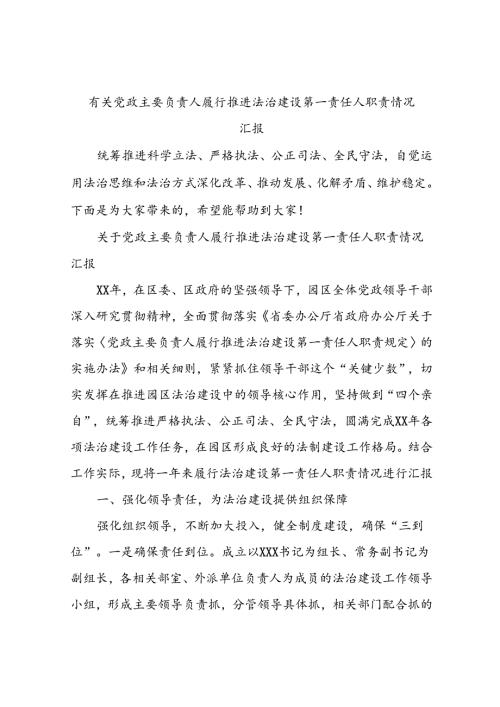 有关党政主要负责人履行推进法治建设第一责任人职责情况汇报.docx