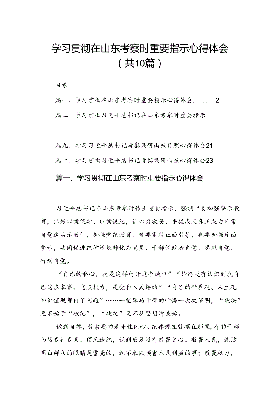 （10篇）学习贯彻在山东考察时重要指示心得体会范文.docx_第1页