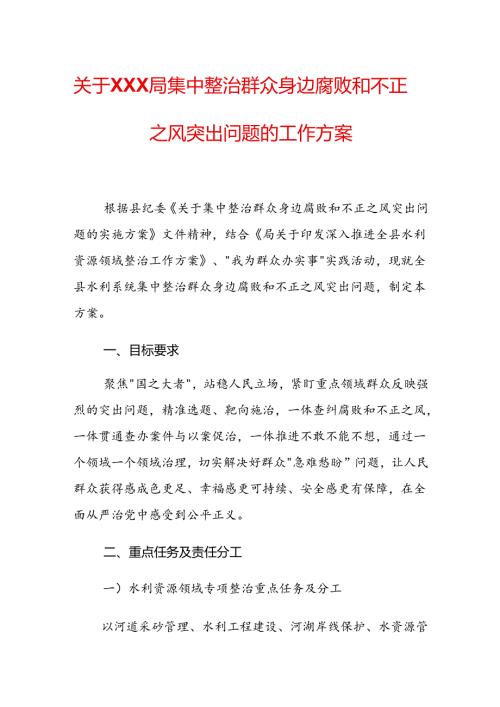 关于XXX局集中整治群众身边腐败和不正之风突出问题的工作方案.docx