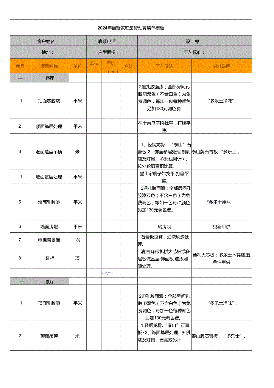 2024年最新家庭装修预算清单 模板(1).docx_第1页