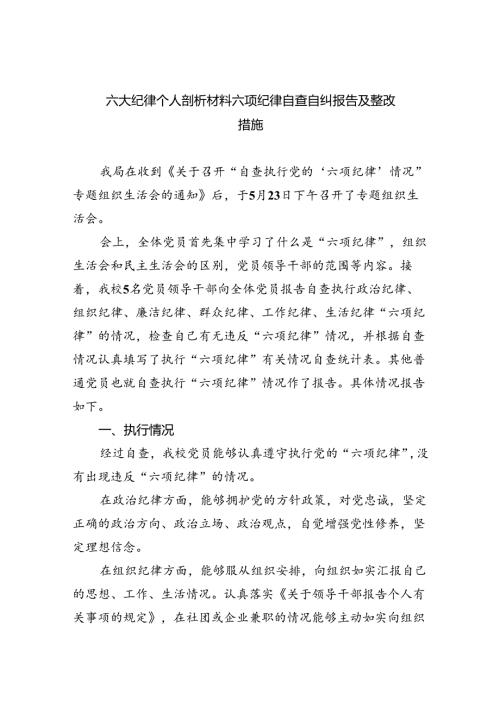 六大纪律个人剖析材料六项纪律自查自纠报告及整改措施 （汇编9份）.docx
