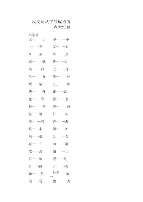 反义词从字到成语考点大汇总.docx