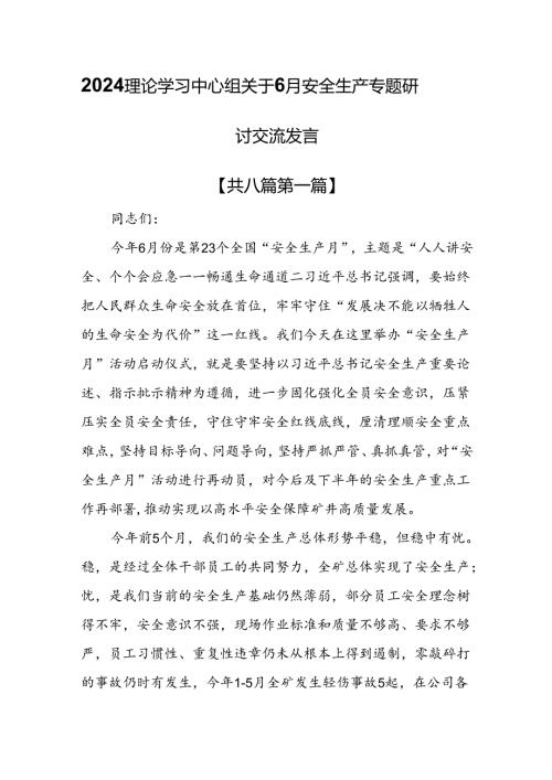 （8篇）2024理论学习中心组关于6月安全生产专题研讨交流发言.docx