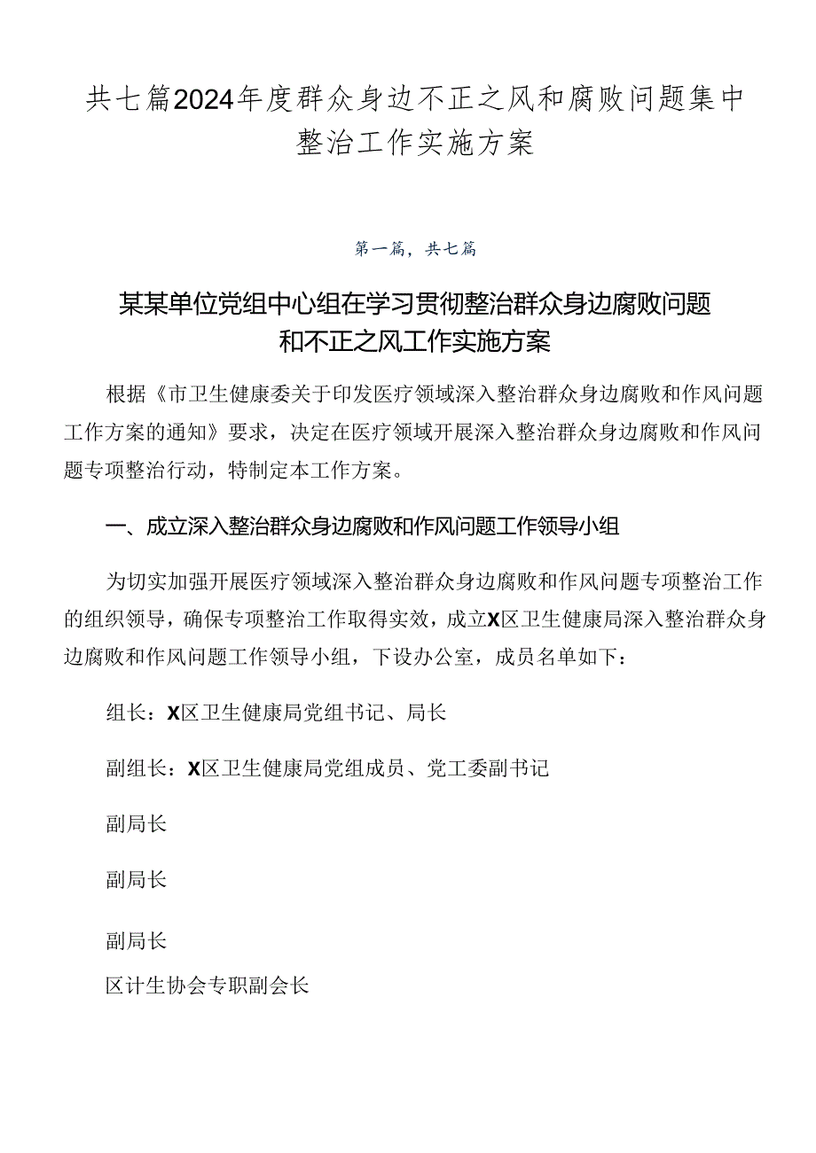 共七篇2024群众身边不正之风和腐败问题集中整治工作实施方案.docx_第1页