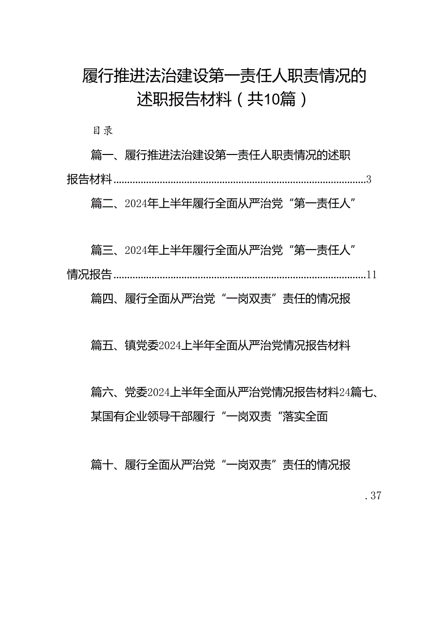 履行推进法治建设第一责任人职责情况的述职报告材料10篇供参考.docx_第1页