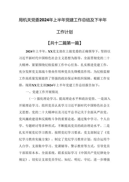 （12篇）局机关党委2024年上半年党建工作总结及下半年工作计划.docx