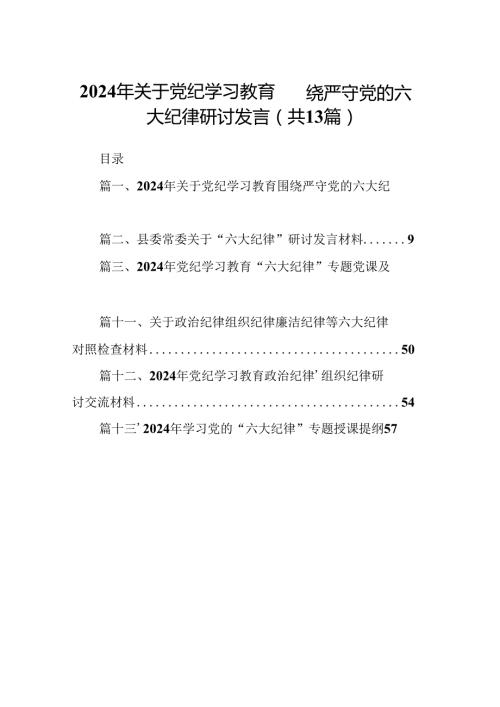2024年关于党纪学习教育围绕严守党的六大纪律研讨发言(13篇合集）.docx