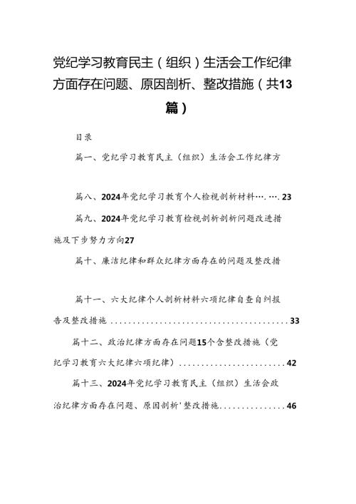 党纪学习教育民主（组织）生活会工作纪律方面存在问题、原因剖析、整改措施13篇（精选版）.docx