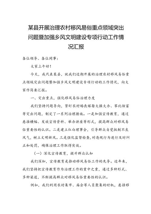 某县开展治理农村移风易俗重点领域突出问题暨加强乡风文明建设专项行动工作情况汇报.docx