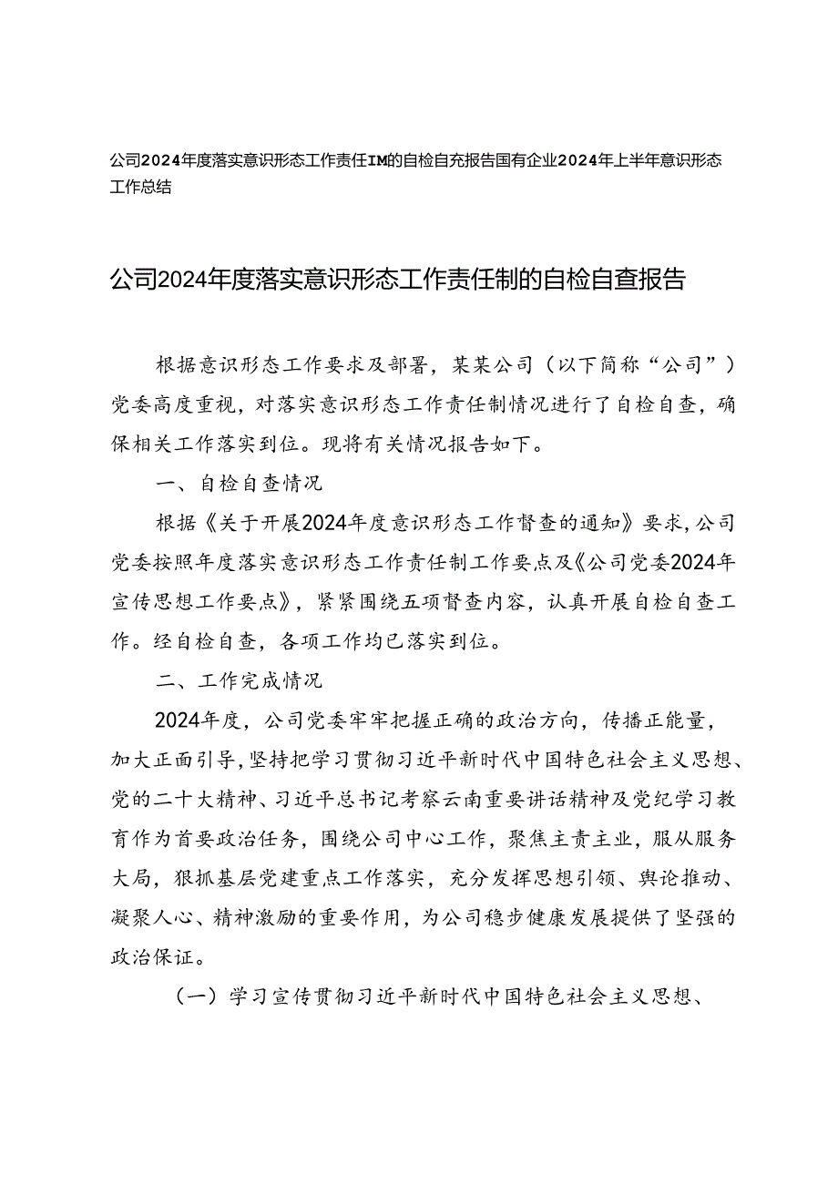 2篇 公司2024落实意识形态工作责任制的自检自查报告+2024年上半年意识形态工作总结.docx_第1页