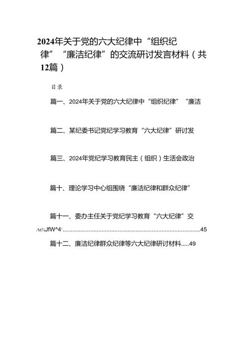 2024年关于党的六大纪律中“组织纪律”“廉洁纪律”的交流研讨发言材料范本12篇（精选）.docx