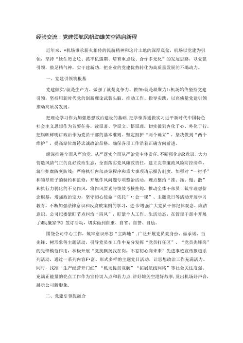 经验交流：党建领航风帆劲 雄关空港启新程.docx