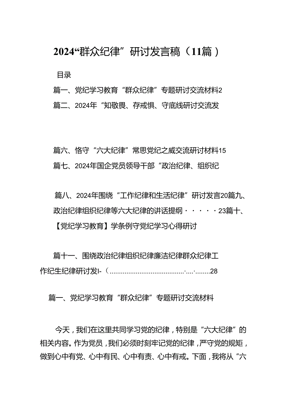 2024“群众纪律”研讨发言稿（11篇）.docx_第1页