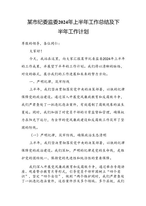 某市纪委监委2024年上半年工作总结及下半年工作计划.docx
