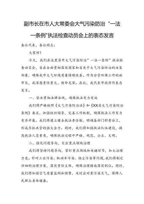 副市长在市人大常委会大气污染防治“一法一条例”执法检查动员会上的表态发言.docx