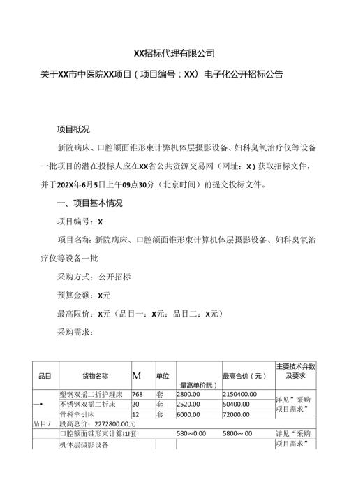 XX招标代理有限公司关于XX市中医院XX项目（项目编号：XX）电子化公开招标公告（2024年）.docx