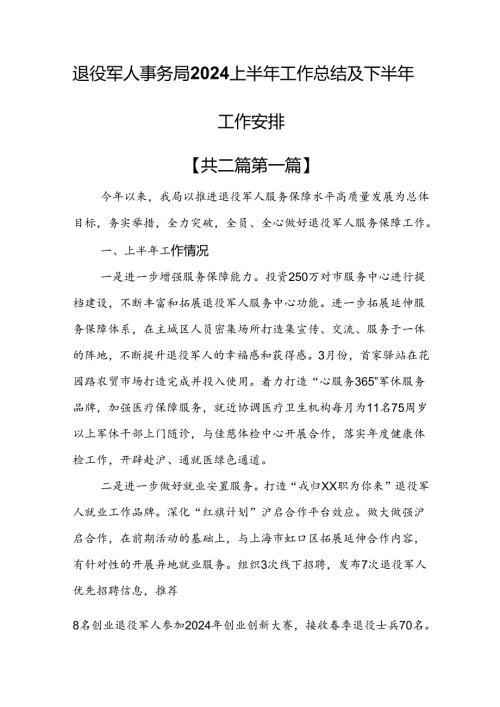 （2篇）退役军人事务局2024上半年工作总结及下半年工作安排.docx