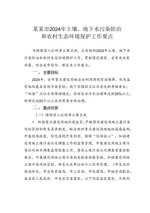某某市2024年土壤、地下水污染防治和农村生态环境保护工作要点.docx