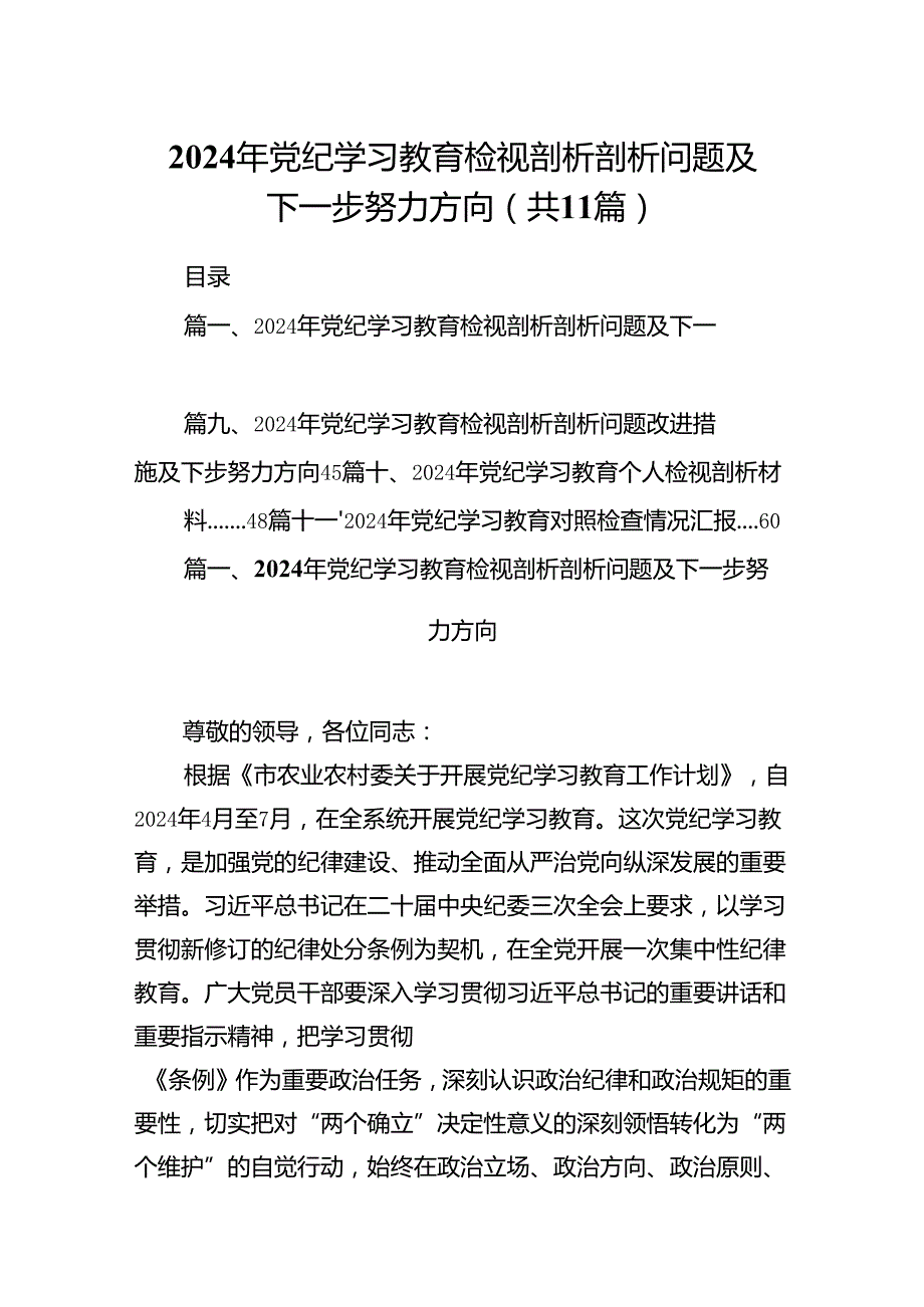 （11篇）2024年党纪学习教育检视剖析剖析问题及下一步努力方向（精选）.docx_第1页