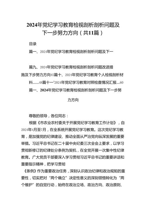 （11篇）2024年党纪学习教育检视剖析剖析问题及下一步努力方向（精选）.docx