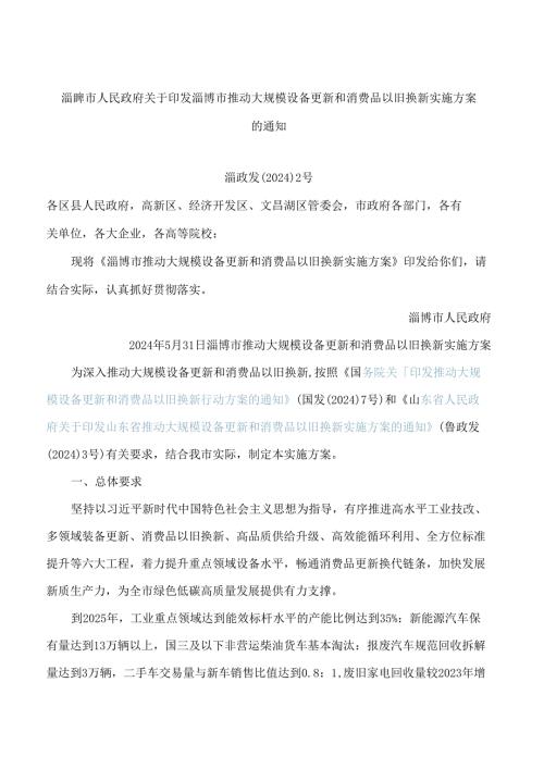 淄博市人民政府关于印发淄博市推动大规模设备更新和消费品以旧换新实施方案的通知.docx