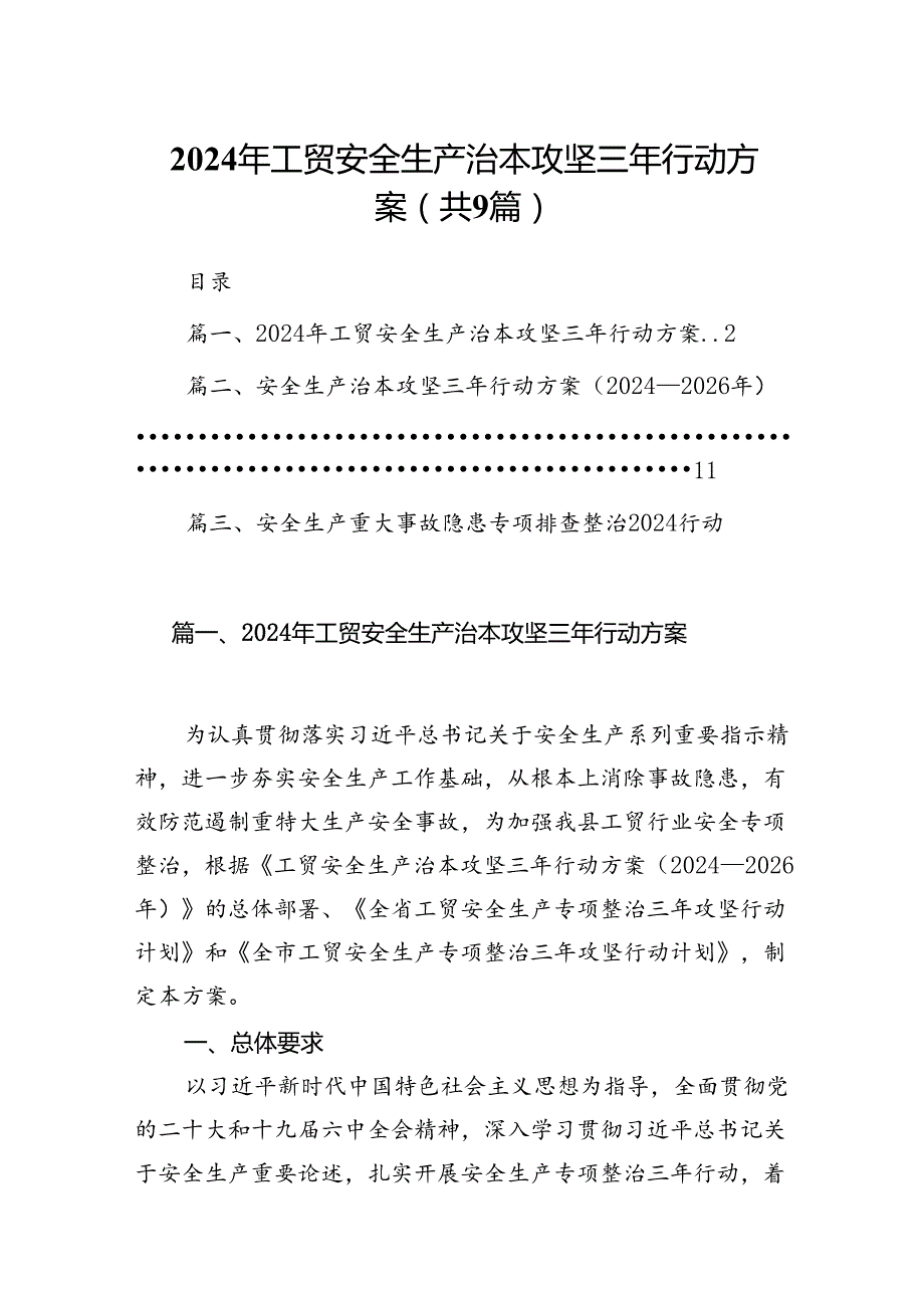 （9篇）2024年工贸安全生产治本攻坚三年行动方案范文.docx_第1页