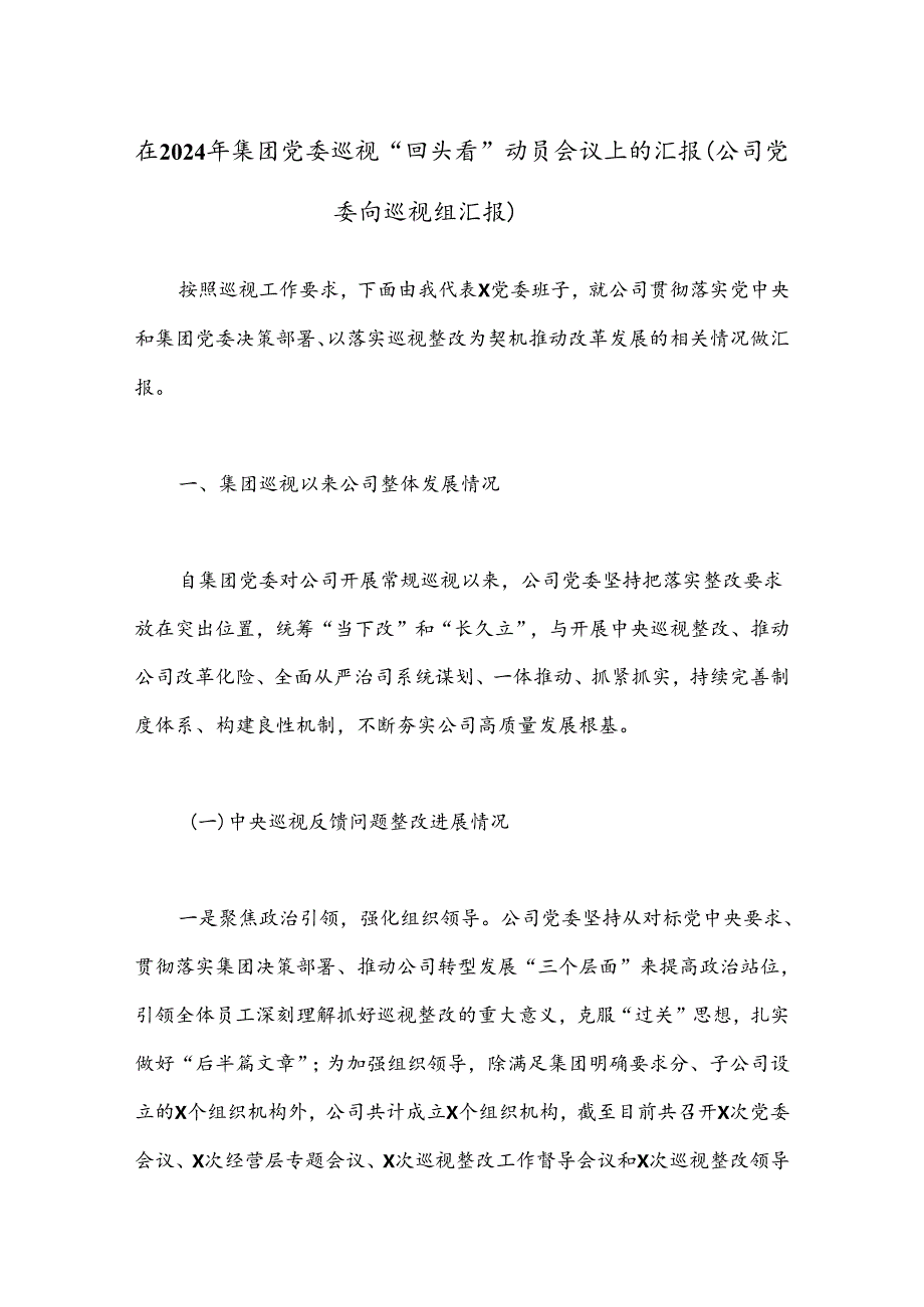在2024年集团党委巡视“回头看”动员会议上的汇报（公司党委向巡视组汇报）.docx_第1页