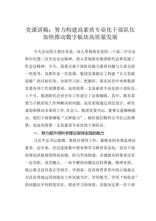 党课讲稿：努力构建高素质专业化干部队伍加快推动数字板块高质量发展.docx