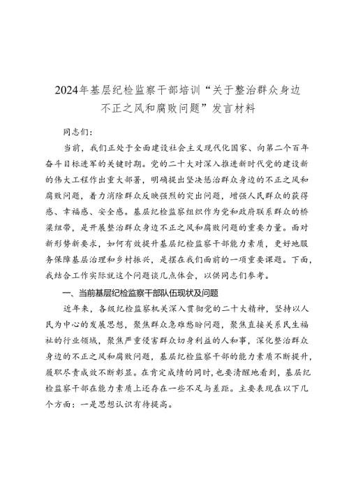2024年基层纪检监察干部培训“关于整治群众身边不正之风和腐败问题”发言材料.docx
