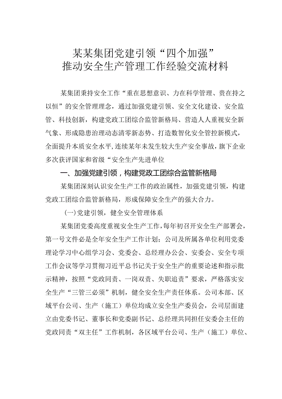 某某集团党建引领“四个加强”推动安全生产管理工作经验交流材料.docx_第1页