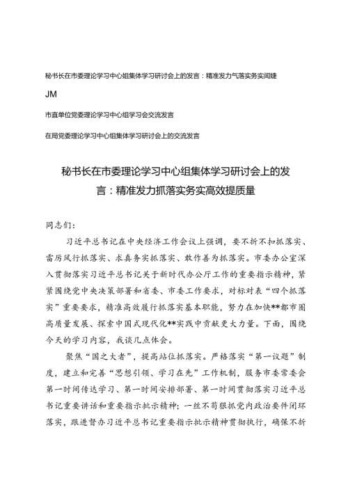 3篇 2024年秘书长在市委理论学习中心组集体学习研讨会上的发言：精准发力抓落实 务实高效提质量.docx