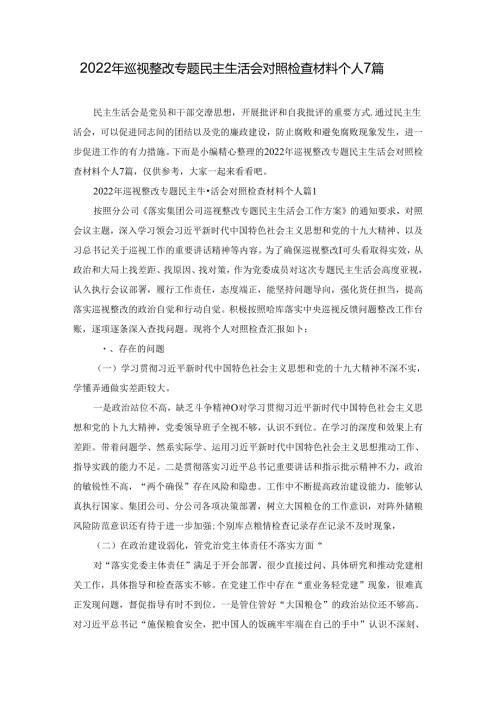 2022年巡视整改专题民主生活会对照检查材料个人7篇.docx