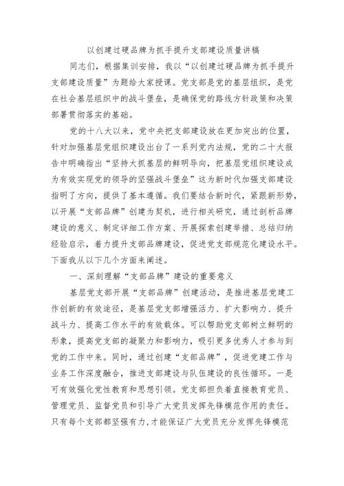 以创建过硬品牌为抓手提升支部建设质量讲稿.docx