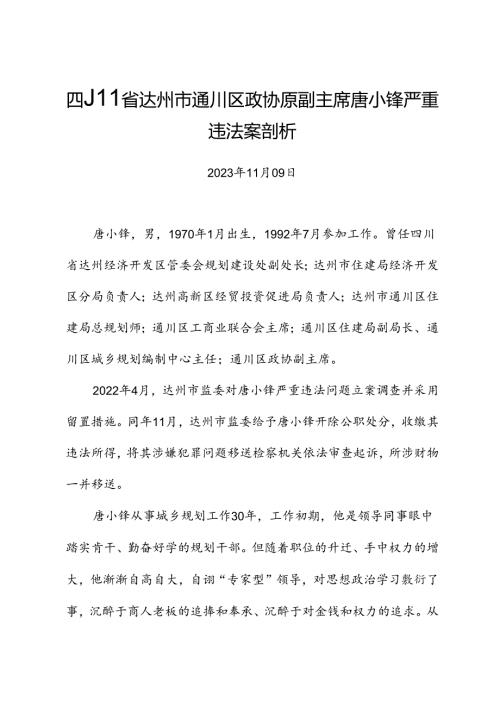 党纪学习教育∣案例剖析：四川省达州市通川区政协原副主席唐小锋严重违法案剖析.docx